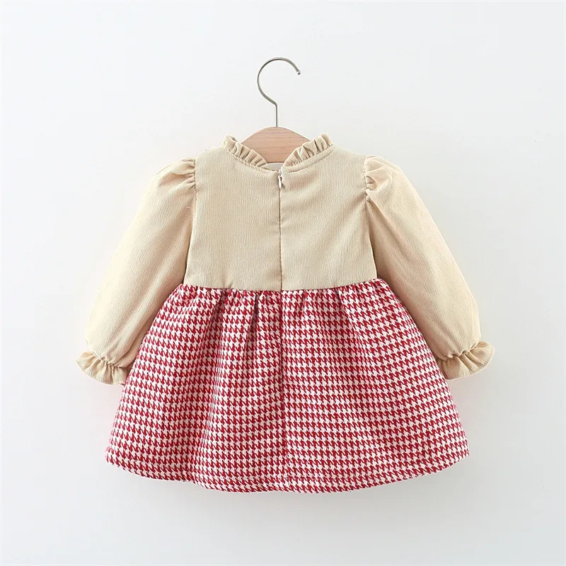 Spring and Autumn Girl Baby Dress Bag 2 Pieces/Set Girl\'s Thousand Bird Plaid Fake 2 Pieces Long sleeved Strap Dress