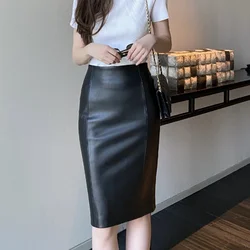 SETWIGG Womens Winter Faux Leather Midi Pencil Skirts High Waist Zipper Back Split PU Leather Bodycon Below Knee Office Skirt