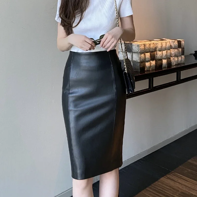 SETWIGG Womens Winter Faux Leather Midi Pencil Skirts High Waist Zipper Back Split PU Leather Bodycon Below Knee Office Skirt