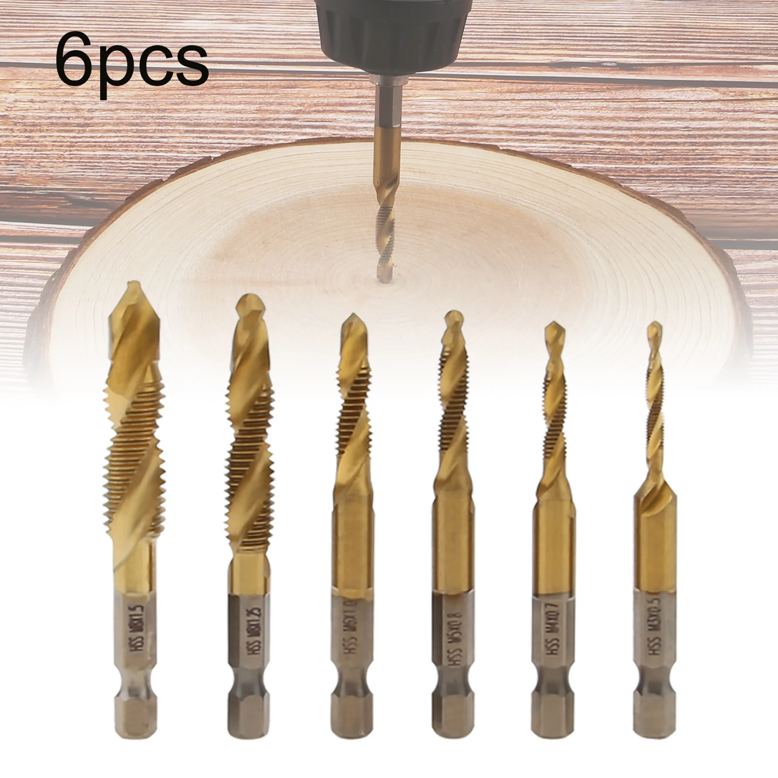 

6pcs/set Hex Shank Titanium Coated Countersink Tap Drill Bit Set HSS Screw Thread Metric Combination Tap Drill