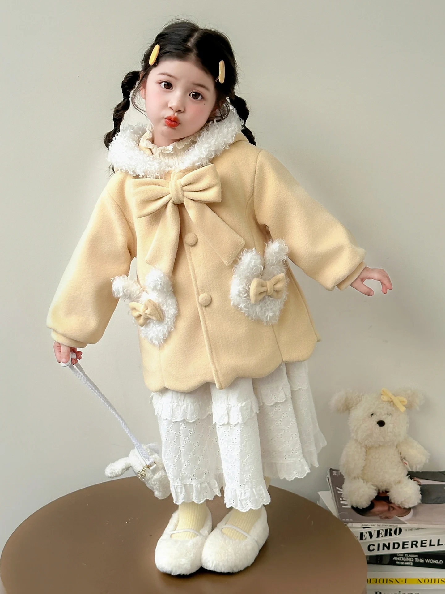 

Girls Fce Lined Plaid Coat Knot Warm Outerwear Autumn Winter New Sle Sweet Little Girl Clothing