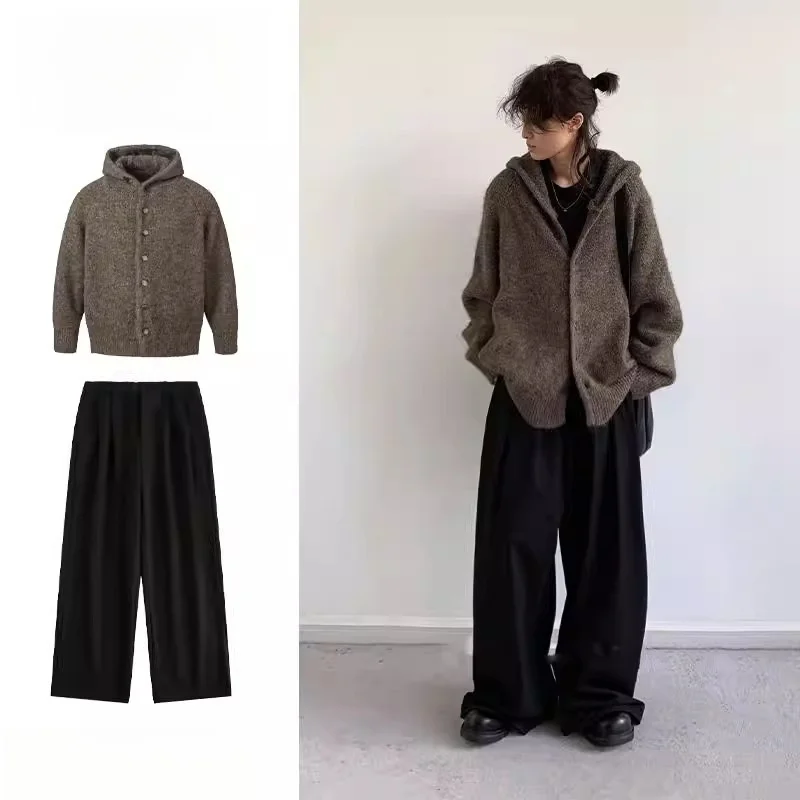 

Neutral Knitted Hat Sweater Cardigan Long Sve Loose Lazy Top Winter Set Two-Piece Single Piece Japanese Sle Retro Sweater