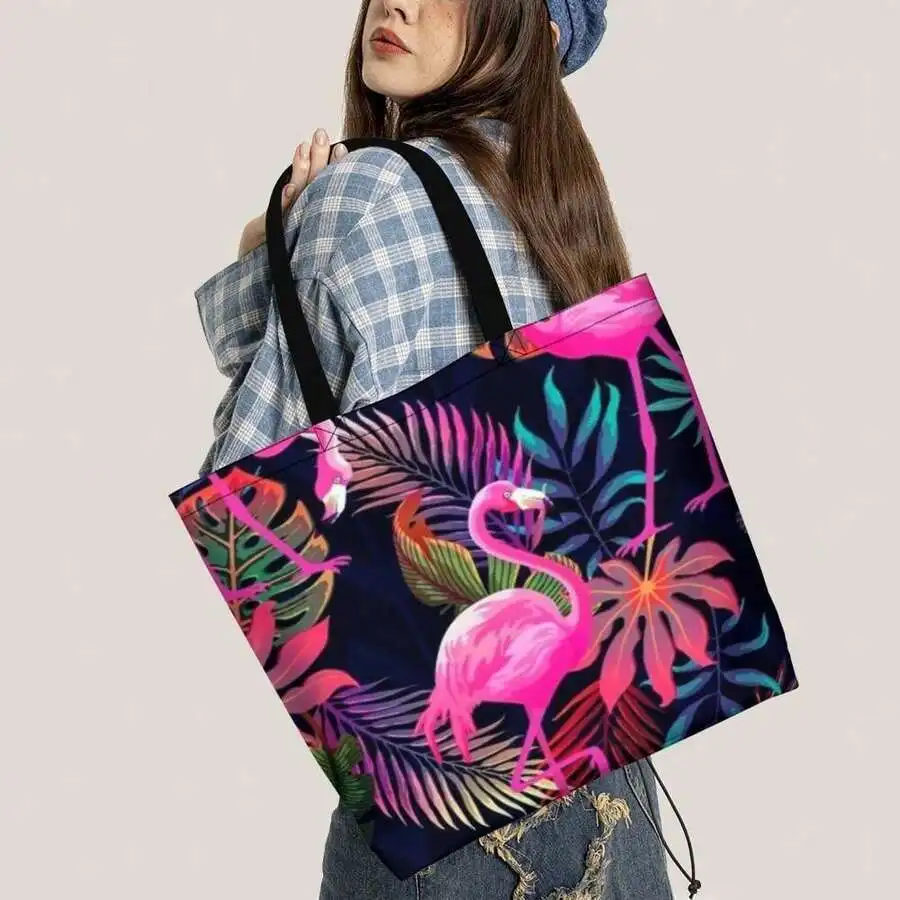 

Tropical Flamingo Tote Bag Women Vibrant Hawaiian Print Summer Beach Vacation Casual Shopping Travel Bag