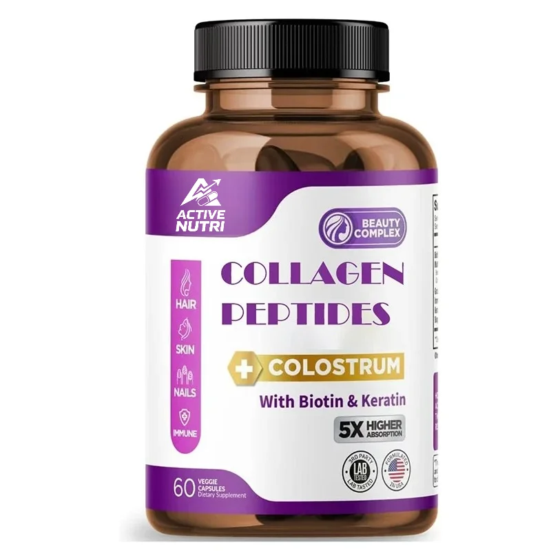 Collagen Peptides, Biotin, and Keratin - Type 1 and Type 2-5-fold High Absorption, Hair, Skin, and Nails, 60 Capsules