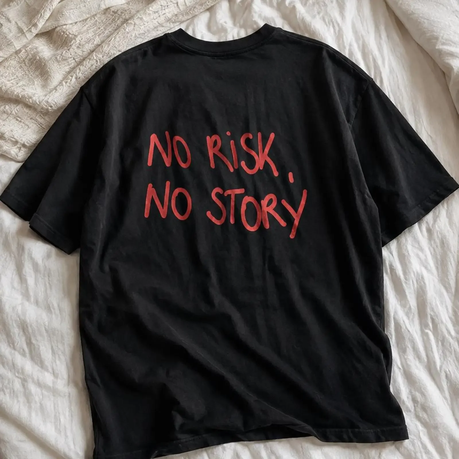 No risk story black t shirt Message Oversized Streetwear tee vintage Washed graphic designer clothes Slightly Breathable