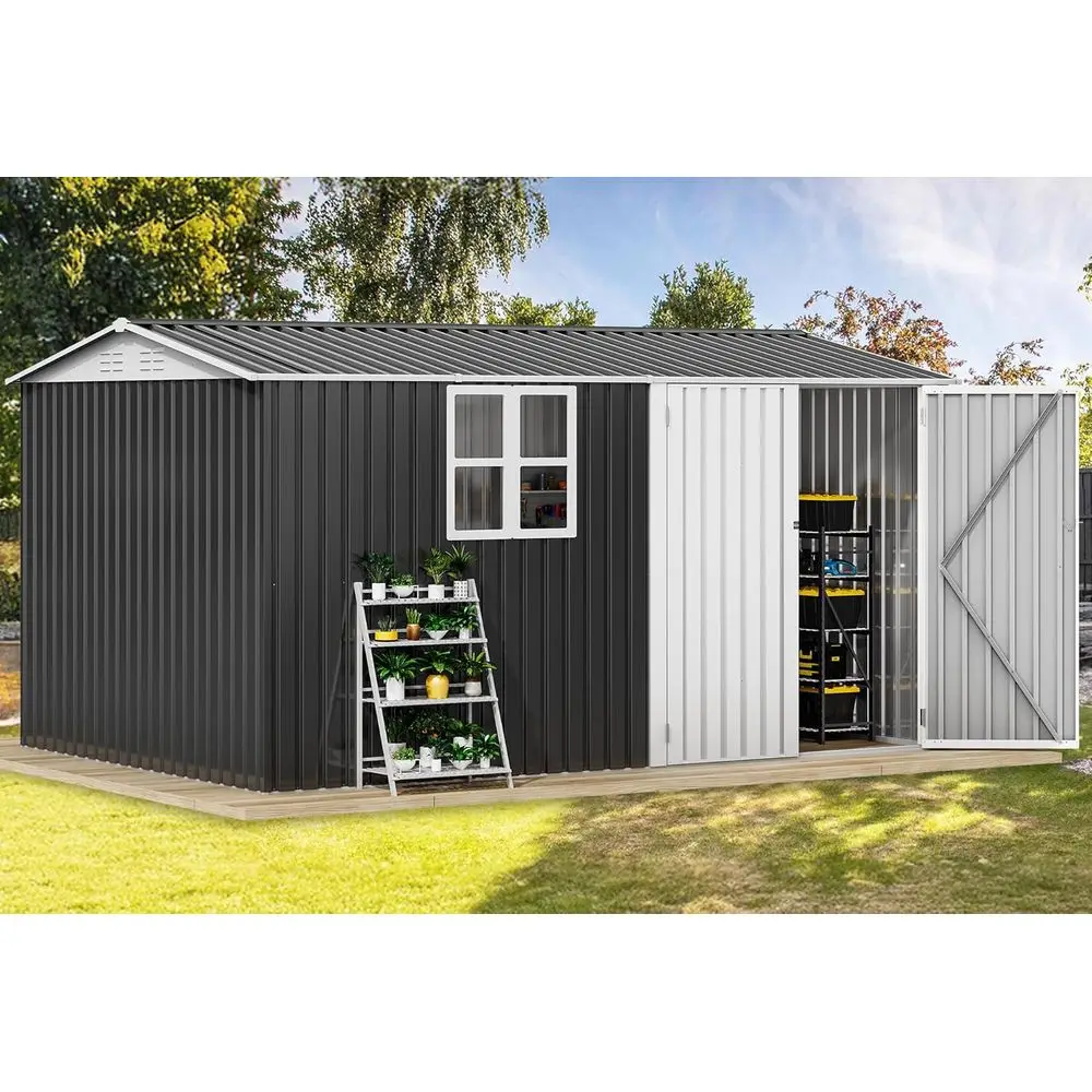

12x8ft Metal Outdoor Shed: Waterproof, Lockable, with Windows, Sloped Roof for Garden, Tool, Bike & Pet Storage (Gray/White)