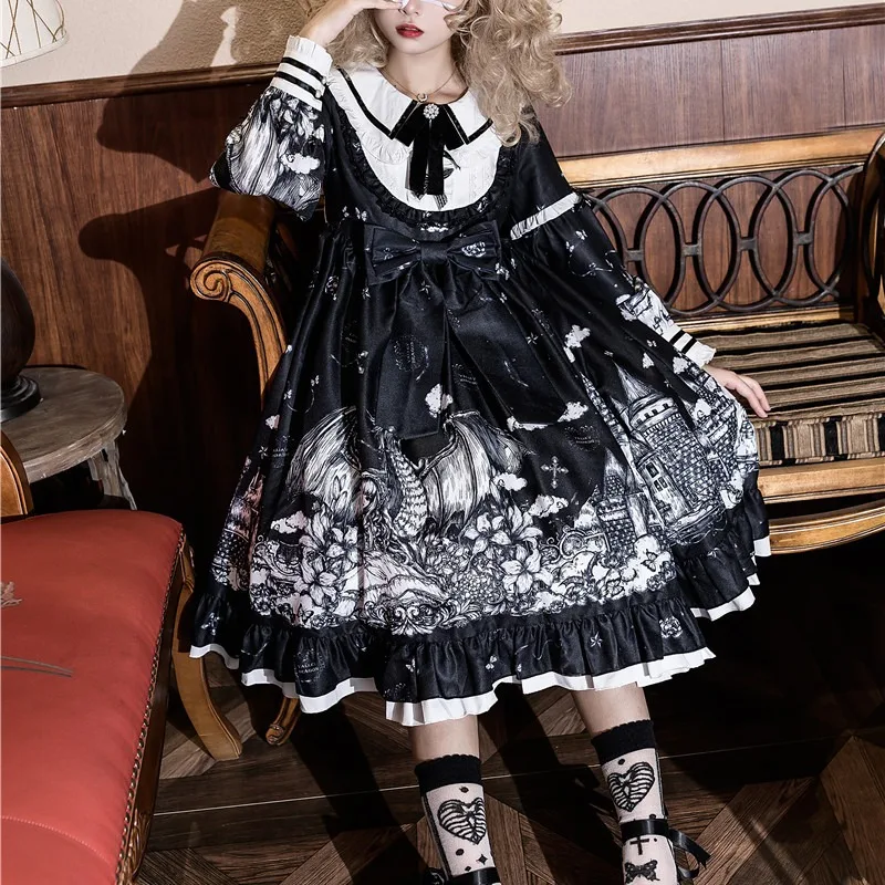 Sukienki Gothic Kawaii Lolita Halloween Anime Party Cosplay Kostiumy Jesienne Urocze Spódniczki Dziewczęce Czarno-Białe Dół Mundurek Szkolny