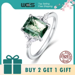 WES 925 Sterling Silver Natural Moss Agate rings 7x9mm Leaf Branch Engagement Ring Boho Forest Unique Jewelry Gift for Women