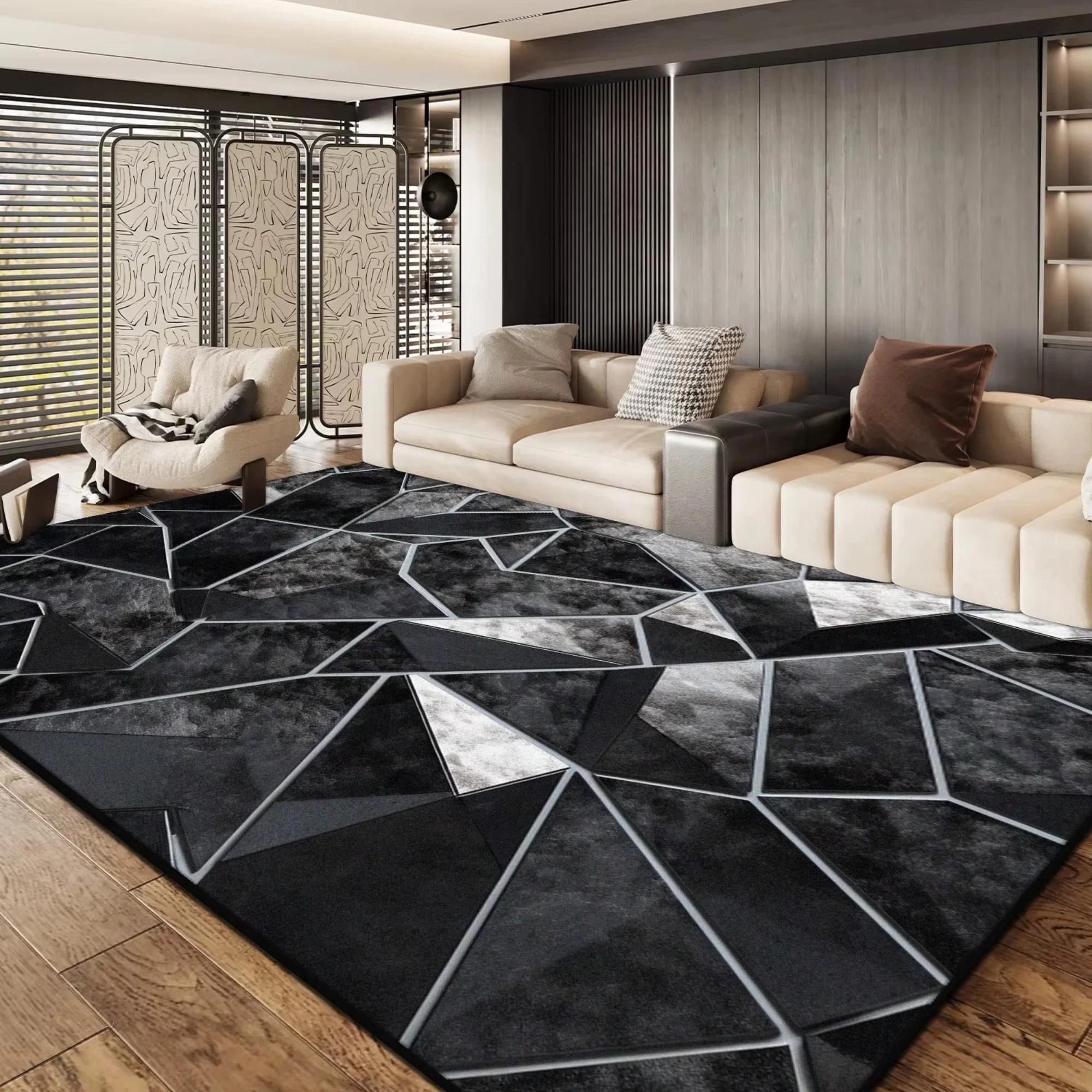 Black Grey Geometric Design Living Room Carpet Decoration Home Sofa Lounge Non-slip Large Rugs Bedroom Soft Floor Mat Washable