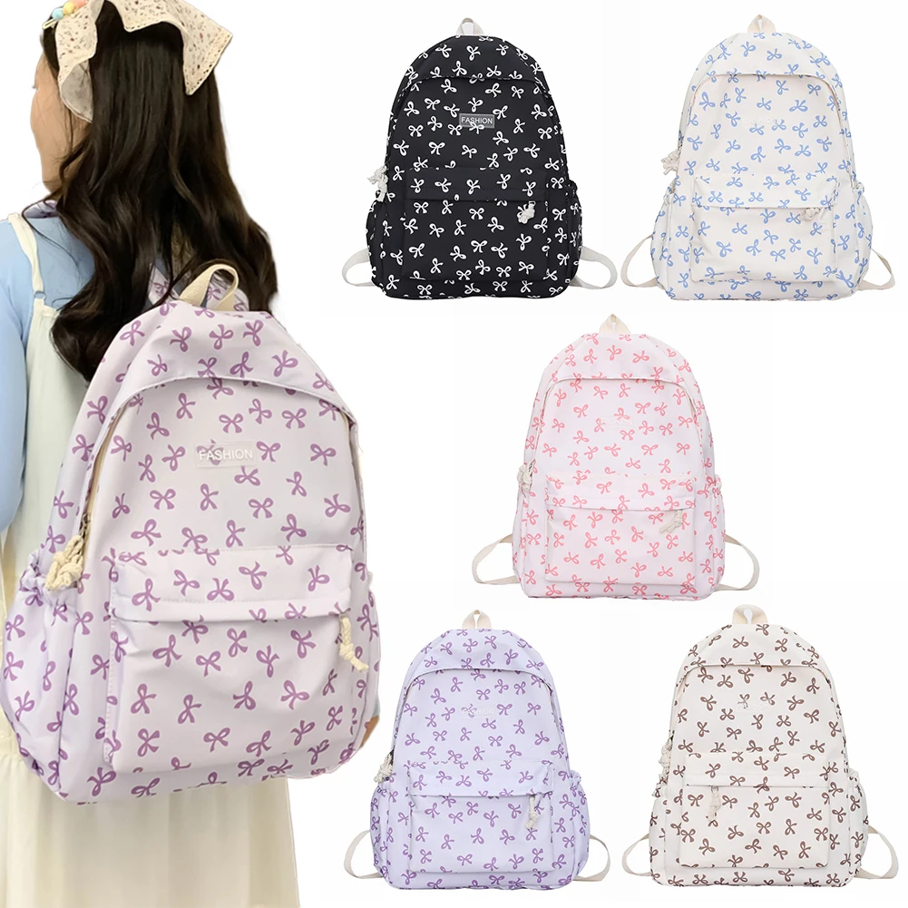 Nylon Student Backpack Bow Printed for Girls Women Schoolbag Adjustable Strap Travel Bag Cute Knapsack Rucksack