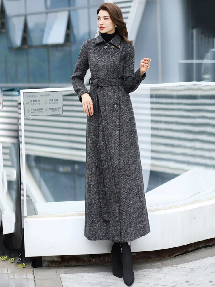 New Women Autumn Winter Elegant Gray Woolen Coat Fashion Casual Turn-down Collar Double Breasted Slim Wool Blended Overcoat