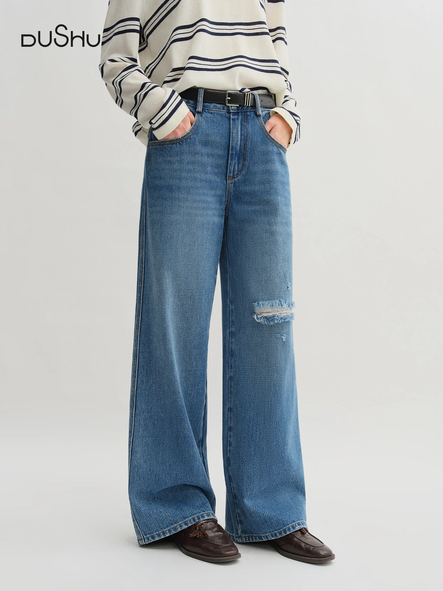 DUSHU 2025 Summer Women's Ripped Jeans - Straight Leg Non-Stretch Casual Pants High Waist Versatile Long Trousers