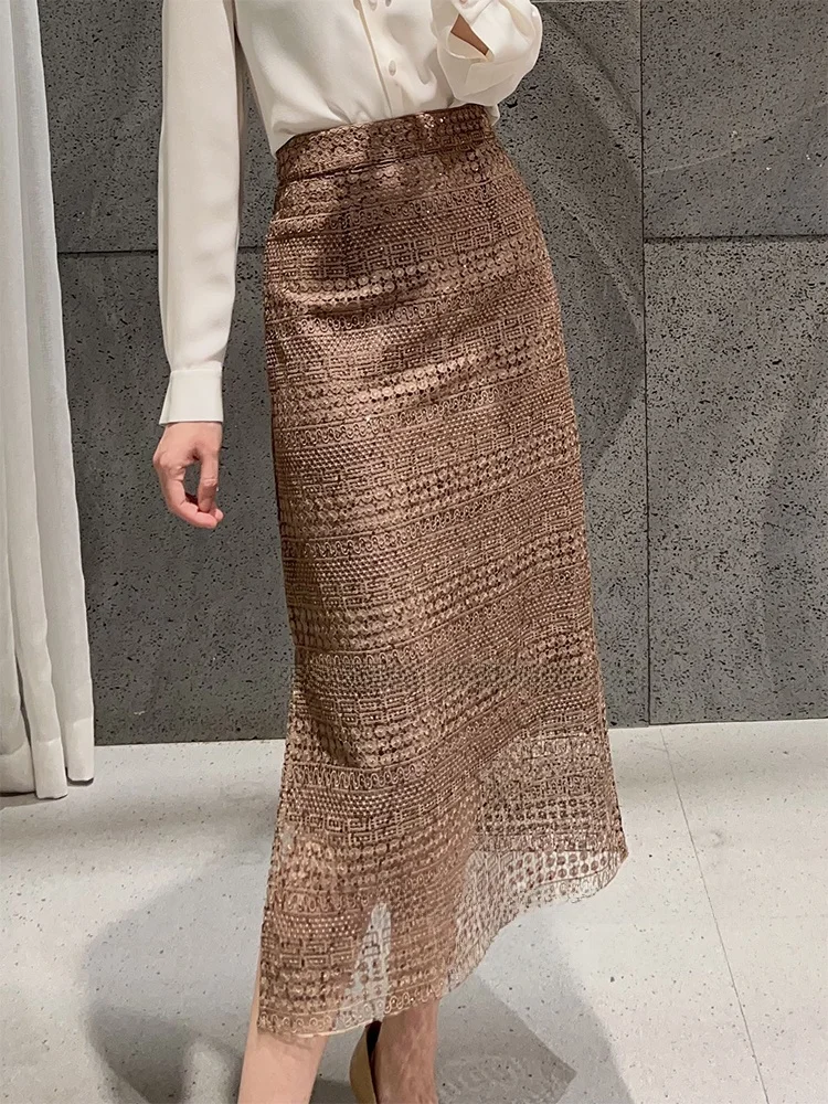 

Ele Coffee Lace f Skirt Women's Mid-Length A-Line Skirt Versatile Commute High Waist Pure Color Cotton Blend