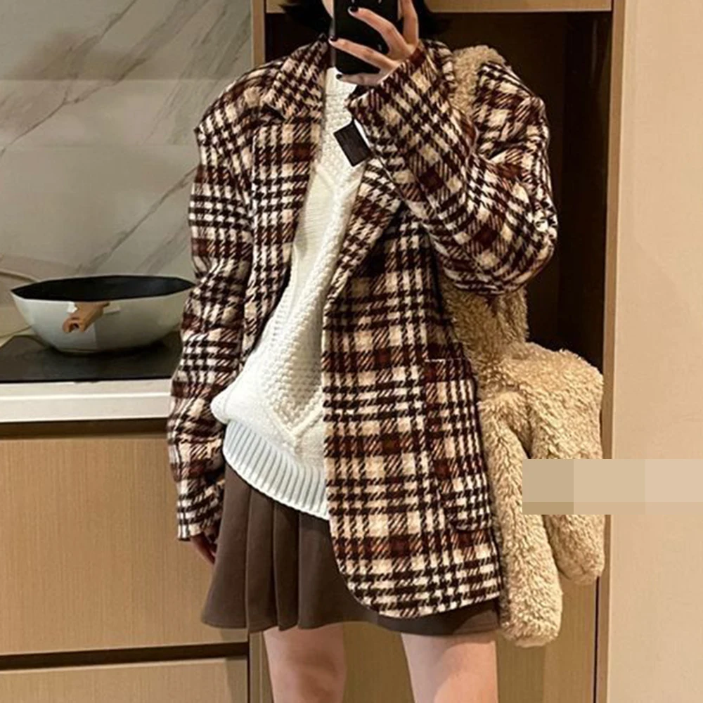 Winter thickened new retro plaid woolen jacket femininity woolen suit coat loose  blazer women