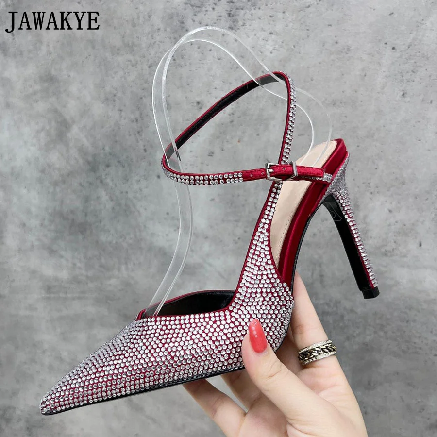 High Quality Leather Back Strap Sandals Women Pointed Toe Designer High Heel Crystal Shoes Summer Sexy Party Wedding Shoes Woman