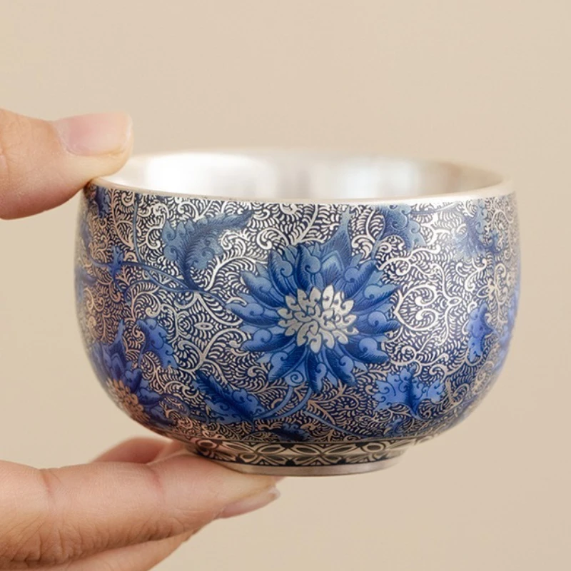 

Серебряная позолоченная сине-белая чашка для чая, ручная роспись, керамический набор Gongfu в форме лотоса, личная мастер-чашка для домашнего использования, декор в стиле дзен, подарок