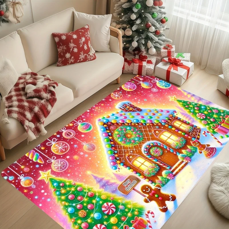Gingerbread House Christmas Area Rug, Candy Winter Printed Floor Carpet, Indoor Living Room Home Decor Rug