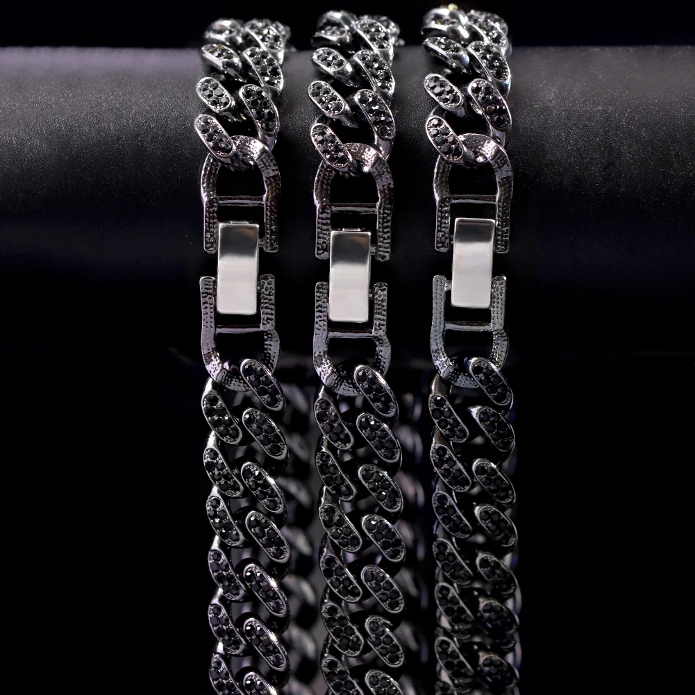 13mm Black Rhinestone Cuban Chain Necklace For Women Men Hip Hop Iced Out Crystal Link Chain Chunky Choker Necklace Punk Jewelry