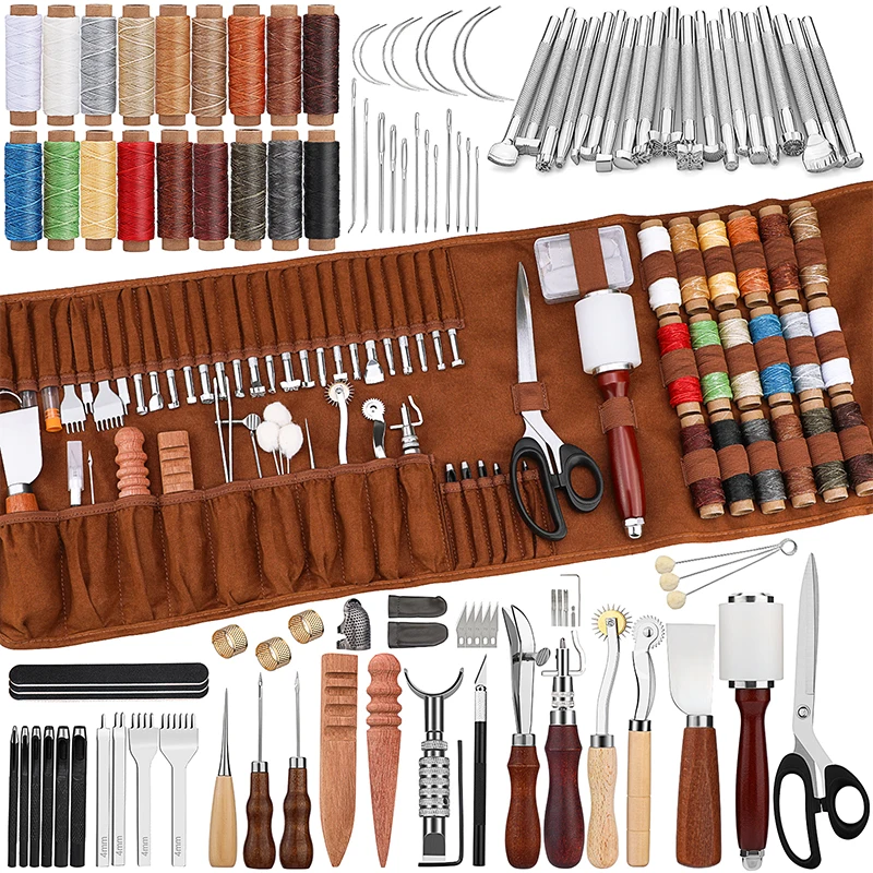 KRABALL Leather Working Kit Craft Tools Supplies With Sewing Thread Curved Needles Groover for Sewing Carving Punching Stamping