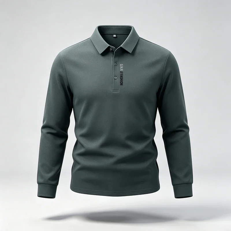 Men Casual Lapel Long Sleeve Top Three Button Placket Vertical Letter Print Ribbed Cuff Regular Cut All Match Wear Polo Shirt