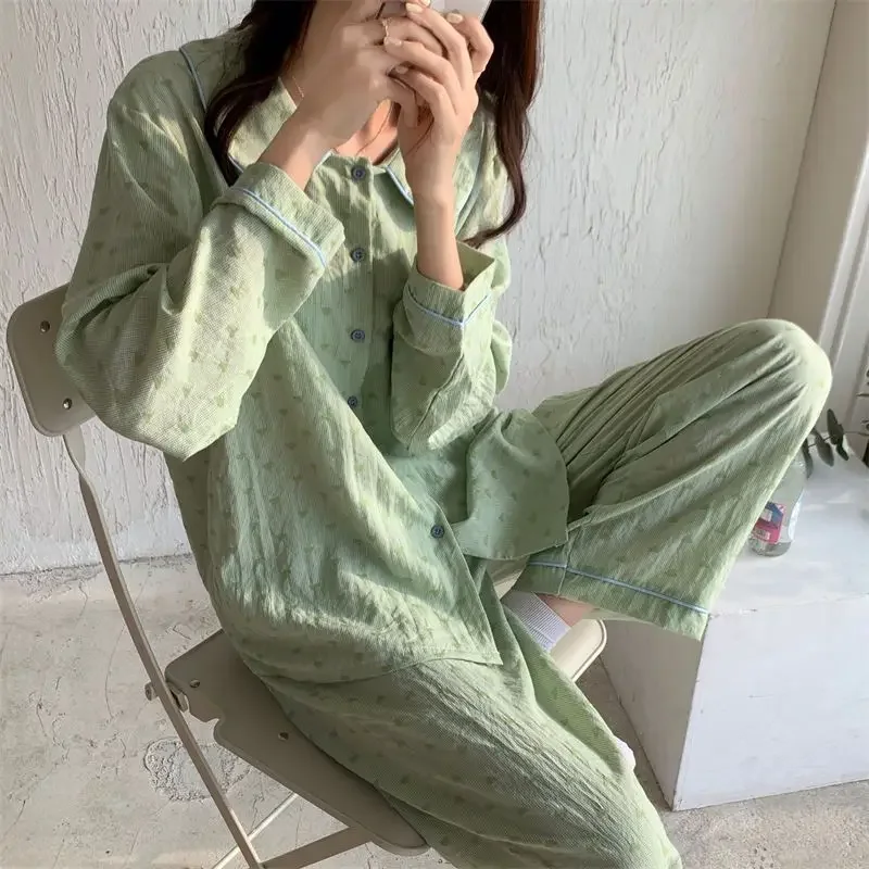 

Пижамные комплекты женские зеленые милые студенческие простые принты удобные осенние повседневные Новое поступление пижамы для отдыха с длинным рукавом Harajuku