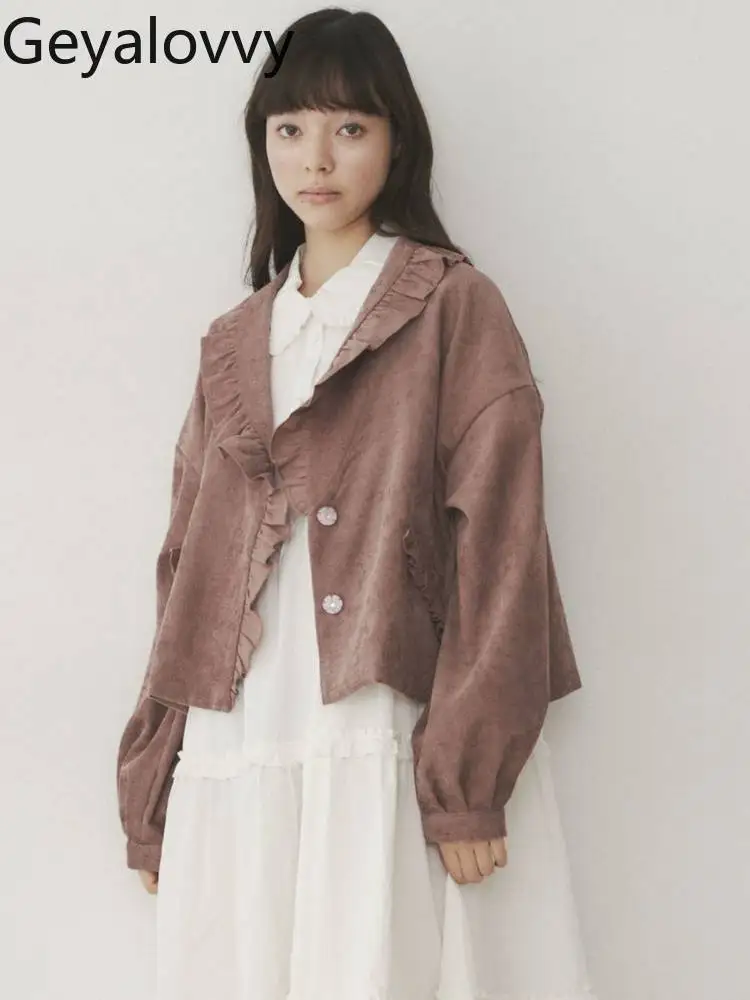 

Вельветовая однотонная куртка в японском стиле для милых девочек, осенний новый универсальный кардиган с длинными рукавами и рюшами на воротнике, короткое пальто