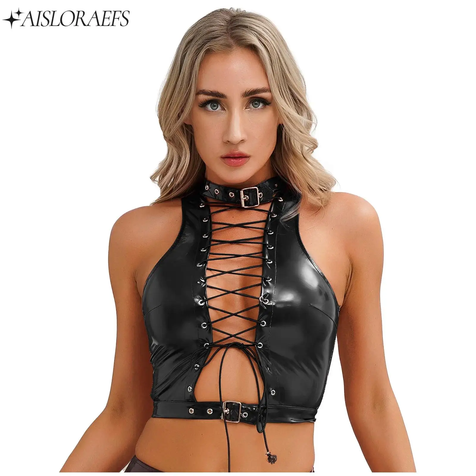 Porno Leather Jacket Sexy Costume Woman PU Leather Sleeveless Crop Tops Adjustable Neck Lace-up Top