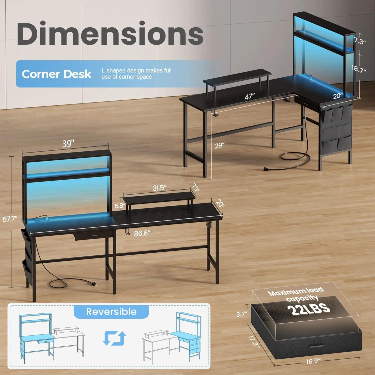 Computer desksL Shaped Gaming Desk with LED Lighting and Power Outlets PC Computer Desk with Monitor Stand for Home Office Setup