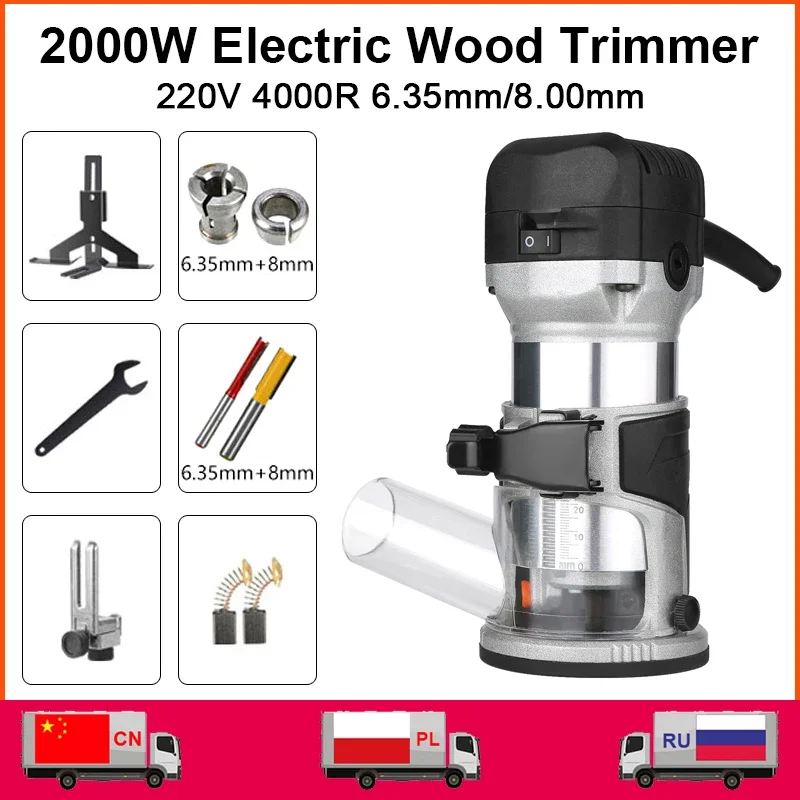 

220V 2000W Woodworking Electric Trimmer Wood Milling Engraving Slotting Trimming Machine 6 Variable Speed With 6.35mm 8mm Cutter