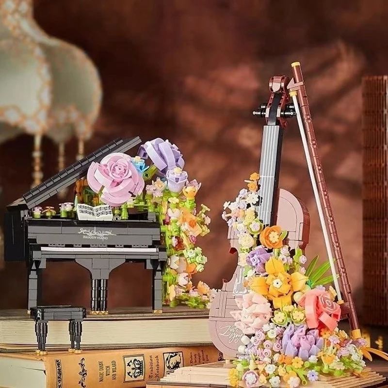 Piano Bricks Violin Musical Instrument Flower Building Blocks Mini With Light Home Decor Christmas Gift Toys For Child Adults