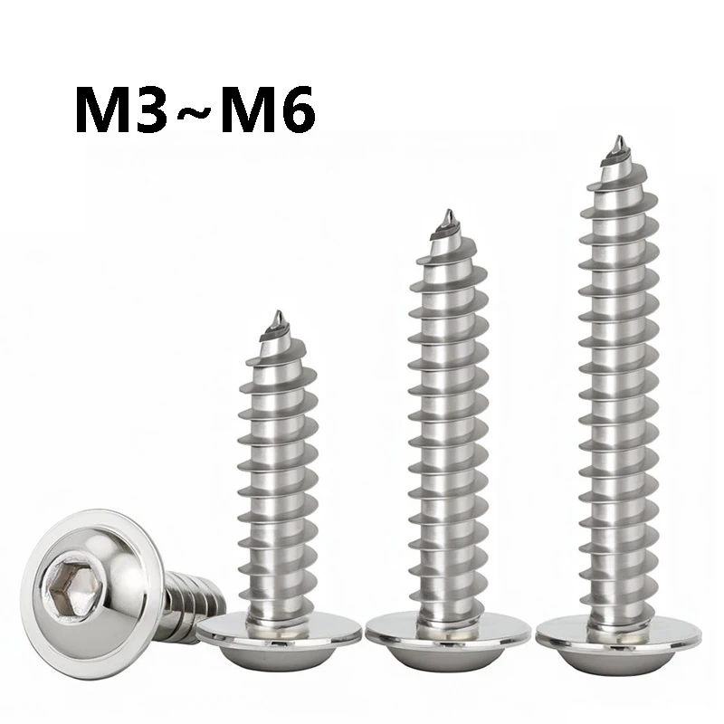 5~100Pcs 304 Stainless Steel Hexagon Round Head with Washer Self Tapping Screw M3 M4 M5 M6 Hex Socket Allen PWA Wood Screws