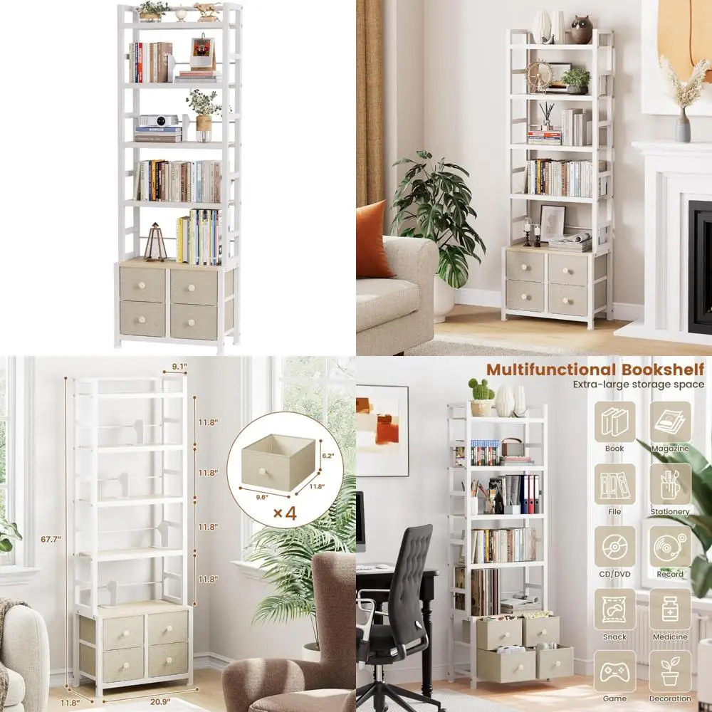 

Industrial Style 5-Tier Metal Bookshelf with Bookends and 4 Drawers Storage Organizer, Modern Display Shelf for Free Standing Us