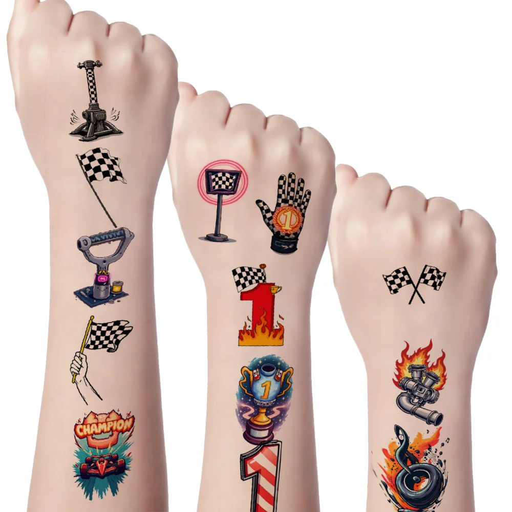 

63 шт., временная татуировка, гоночный костюм, временные татуировки, наклейки, клетчатый флаг, шлем, мультяшный трофей для мужчин, плеч, девочек