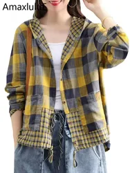 Amax luluE 2024 Summer Korean Ladies Casual Blouses Loose Linen Tops Womens Classic Hooded Shirts Vintage Solid Fashion Clothing