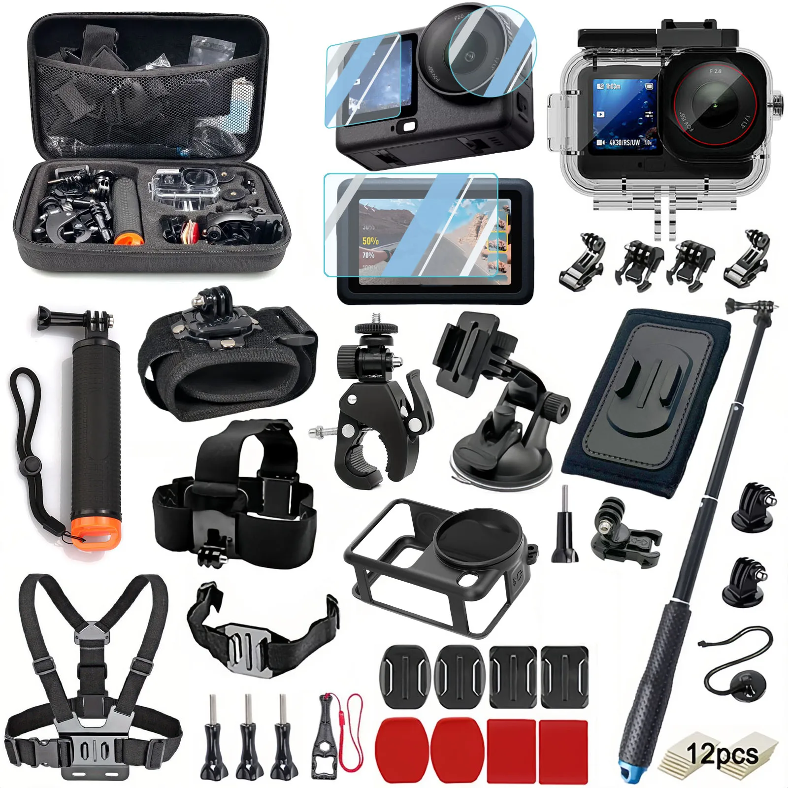 Accessories Kit for DJI Osmo Action 6, Waterproof Diving Housing, Tempered Glass Screen Protector, Chest Mount, Selfie Stick