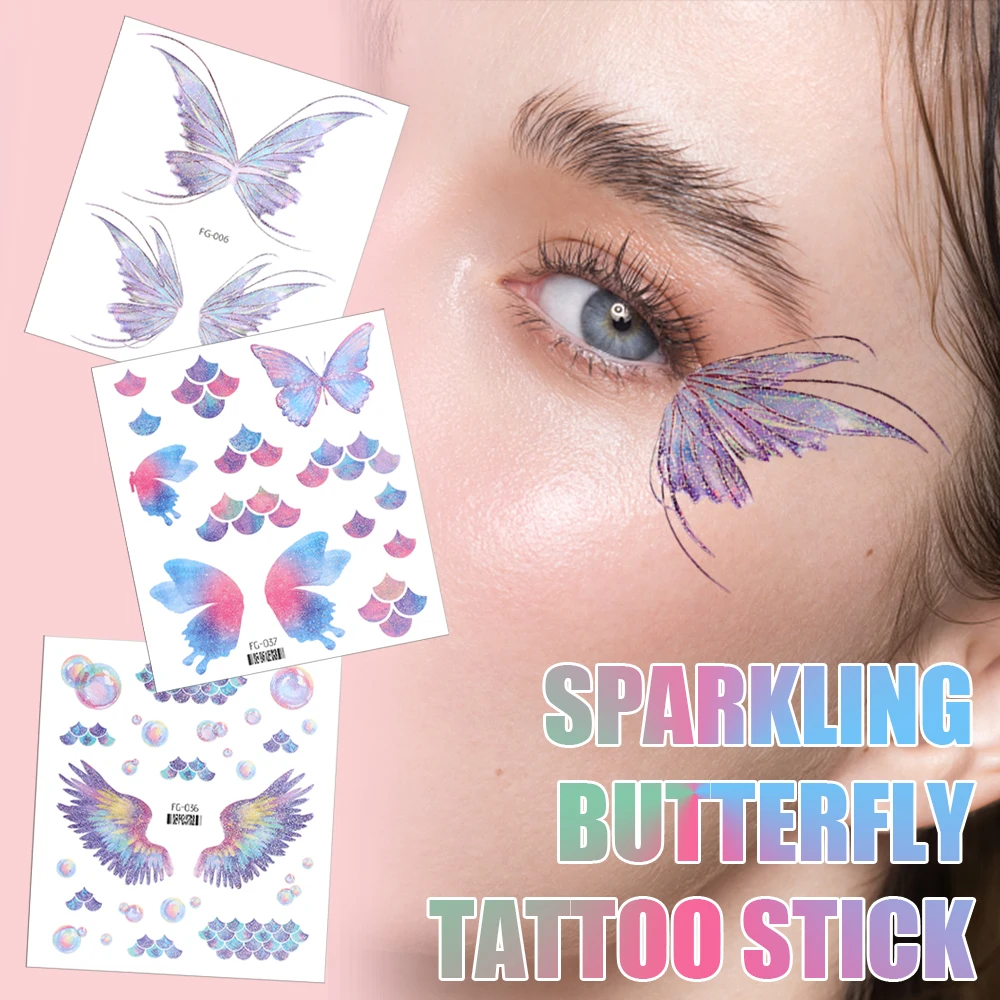 Shiny Butterfly Tattoo Sticker, Impermeável, Temporária, Olhos, Rosto, Peito, Body Art, Tatuagens Falsas, Mulheres Sexy Maquiagem, Decoração Cosmética