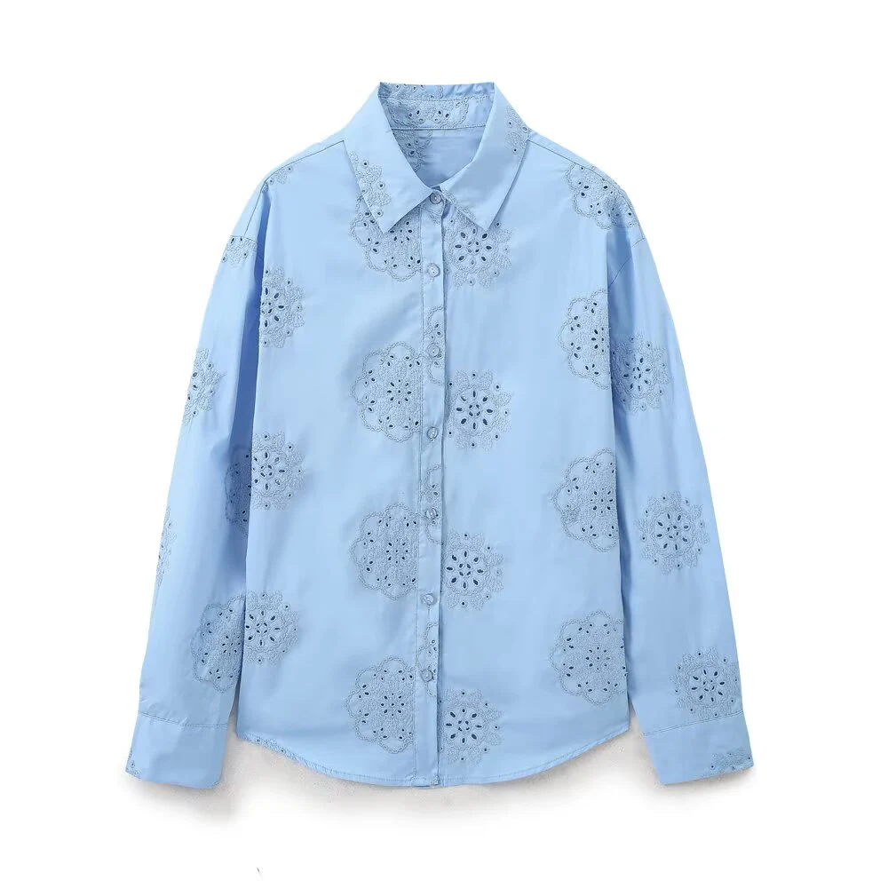 

Summer New Product Versatile Women's Clothing Long Sleeve Collar Pressed Glue Hollow Embroidery Decorative Poplin Shirt