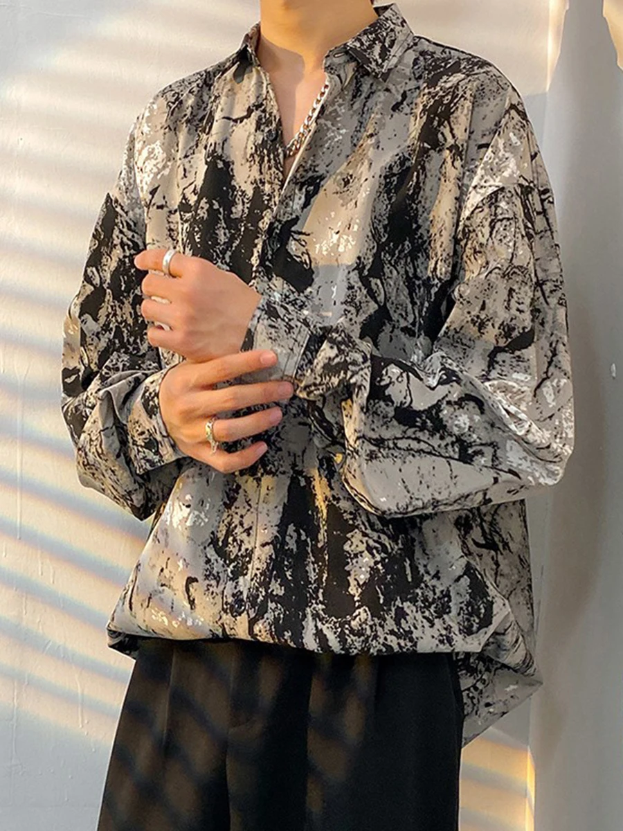 

Camouflage Loose Fit Long Sve Men's irt Sli Autumn Design Casual Haome High End Drapey Faionable Polyester Fiber