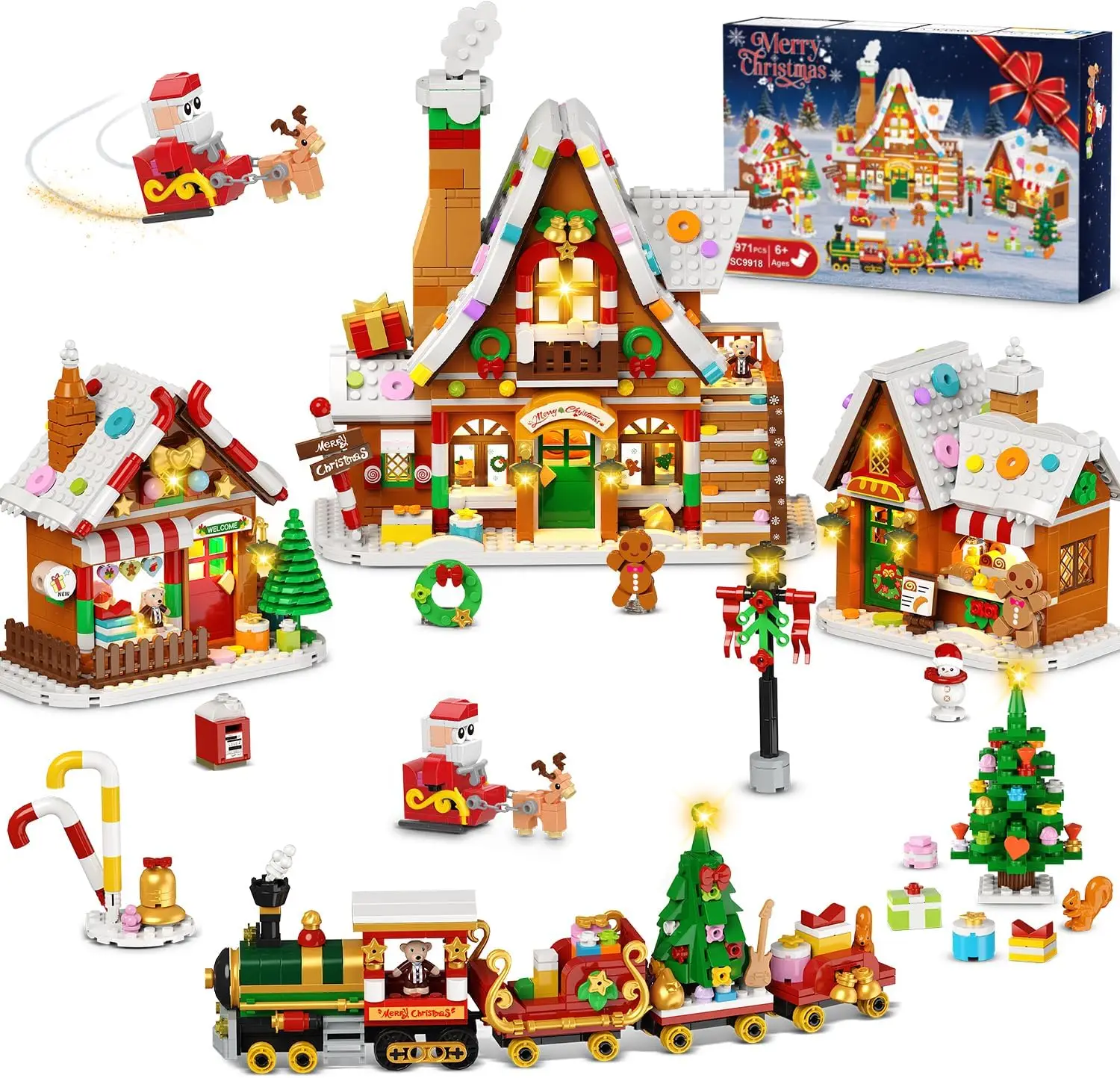 

Christmas Gingerbread House Village Mini Building Set with Lights, 1955 PCS Holiday Village Building Block Toy with Xmas Tree Tr