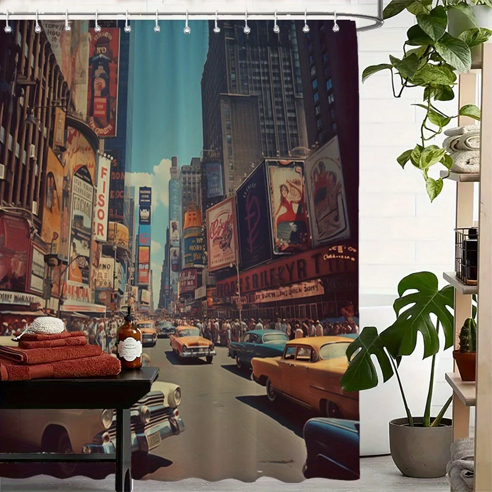 Vintage Times Square NYC Street Scene Shower Curtain - Retro City Lights and Classic Cars Bathroom Decor