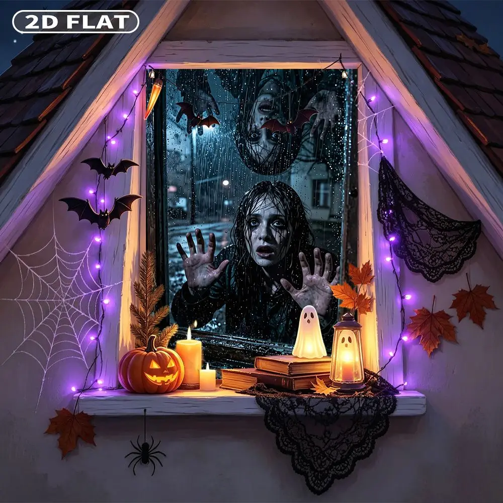 2D FLAT 1pc Party Window Cover Banner, with Scary Woman Pressing Hands Against Rainy Window Glass