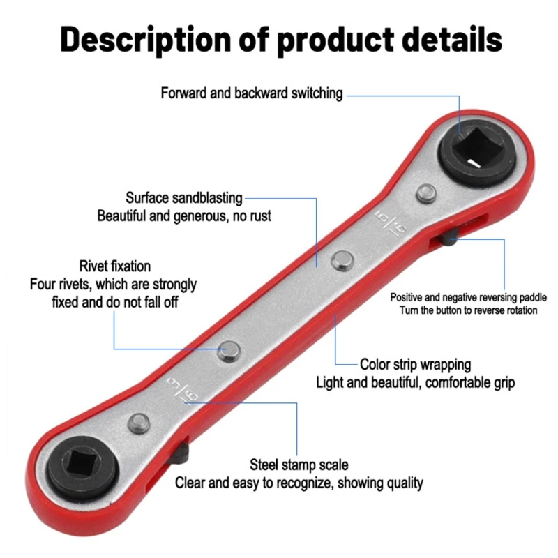 Refrigeration Ratchet Wrench Conditioning Service Wrench 4 Different Sizes 1/4 x 3/16 Square x 3/8 x 5/16 Square