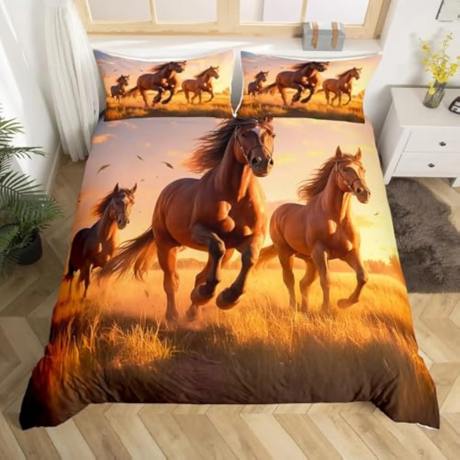 

Horse Enthusiast Bedding Set - 3D Galloping Stallion in Sunny Field Duvet Cover Set for Kids Teens Easy Care