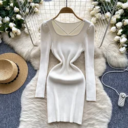 Women Knit Slim Sexy Bodycon Dress Square Neck Long Sleeve Dress Solid Casual Midi Sweater Dress For Women 2024Autumn Winter