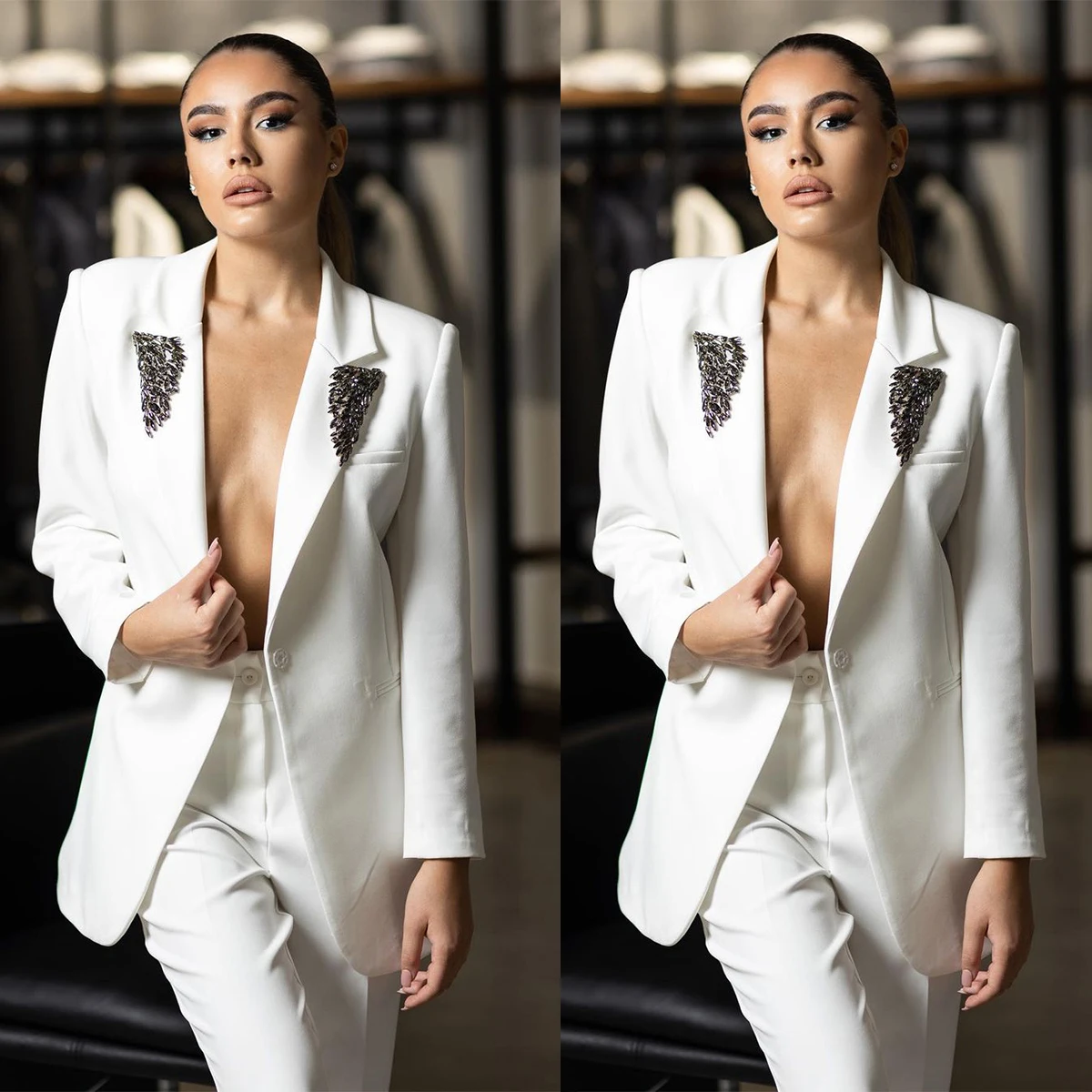 Luxurious White Beaded Women 2 Pieces Jacket Pants Casual Notched Lapel Blazer Fashion Loose Daily Dresses