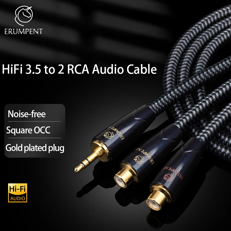 

HiFi 3.5 to 2RCA Cable High-end Square OCC Gold Plated Plug Stereo 3.5mm Jack to 2RCA Female Audio Cable for Computer Speaker