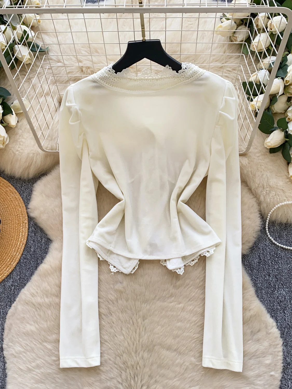 Kardigan damski z aksamitu, z koronkowym wykończeniem, rozpinany, długi, luźny, z perłowymi guzikami, wyszczuplający, w stylu koreańskim...