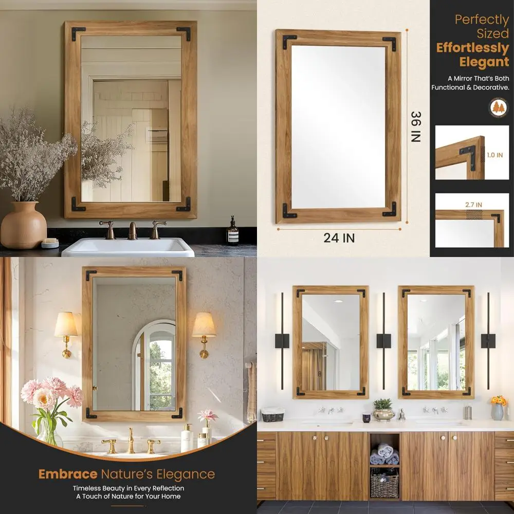مرآة زينة من الخشب الصلب مقاس 36 × 24 بوصة على طراز المزرعة مع إطار خشبي لديكور الحمام وغرفة النوم، مناسبة للرأسي أو H