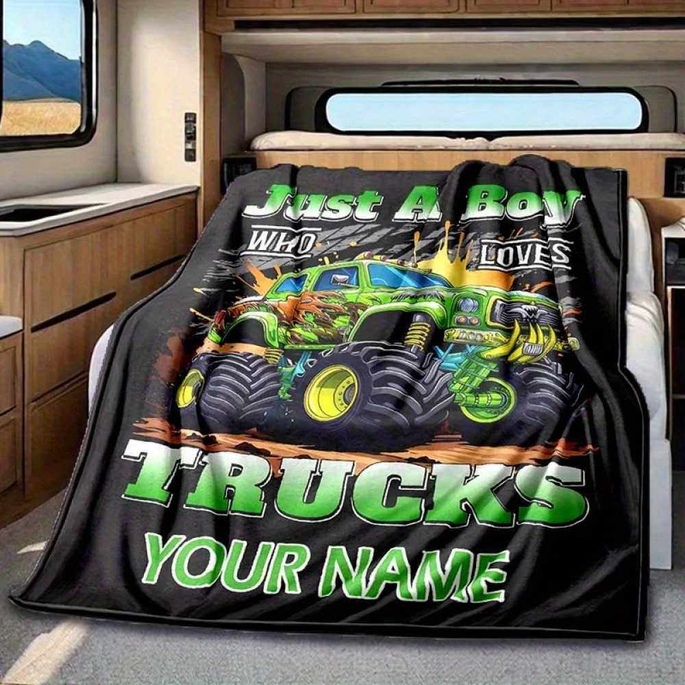 1 Stück anpassbare grüne Monster-LKW-Decke, personalisierbar, „Just Who Loves Trucks“, gemütlicher Flanellüberwurf für Sofa, Bett, Reisen