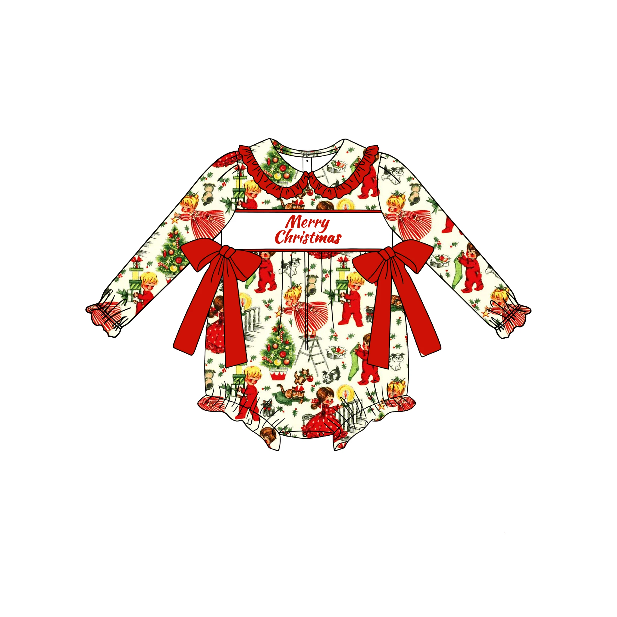 

Vintage Christmas Print Kids Jumpsuit Boutique Baby Girls Rompers Festive Holiday Outfit for Toddlers